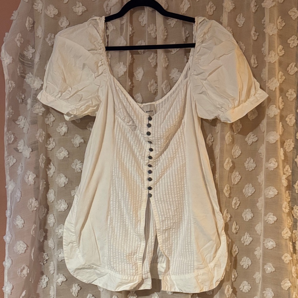 Maeve White Button-Front Puff Sleeve Blouse